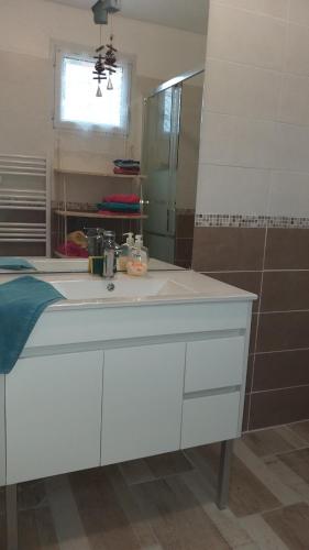 La salle de bains est pourvue d'un lavabo blanc et d'un miroir. dans l'établissement Le Jardinet, à Pont-Sainte-Maxence