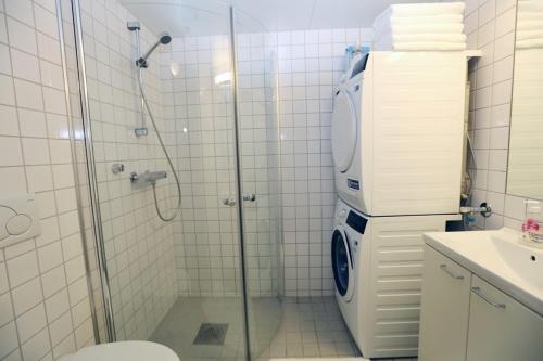 a bathroom with a shower and a toilet and a sink at OSLO CITY CENTER 3 BEDROOMS APARTMENT, MANDALLS GATE 12 in Oslo