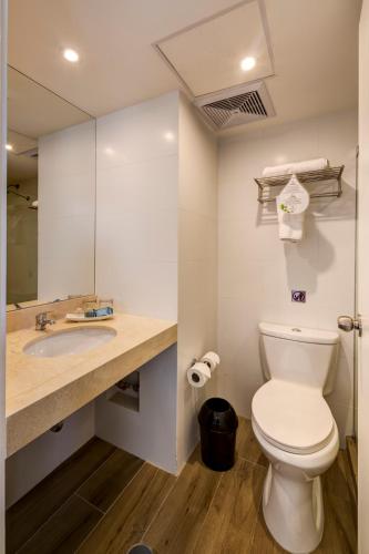 a bathroom with a toilet and a sink and a mirror at Arawi Miraflores Express in Lima