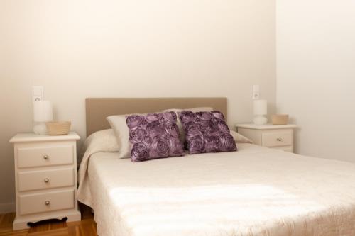 バレンシアにあるVery central and sunny apartment in Gran Viaのベッド(上に紫色の枕付)