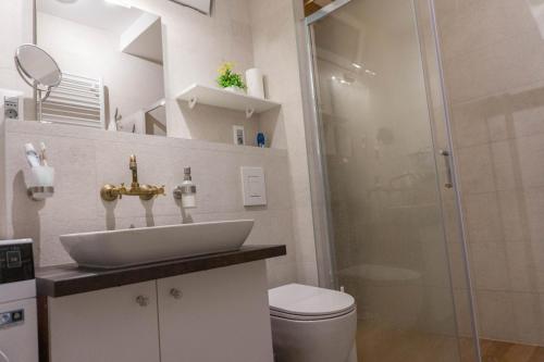 bagno con lavandino e doccia in vetro di Apartment Maksimir Yard Zagreb a Zagabria