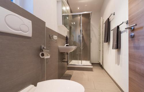 La salle de bains est pourvue d'une douche, de toilettes et d'un lavabo. dans l'établissement Ferienwohnungen Schmid, à Ratisbonne