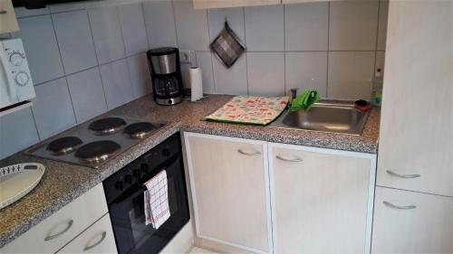 a small kitchen with a sink and a stove at Ferienwohnung Gossel in Bad Wildungen