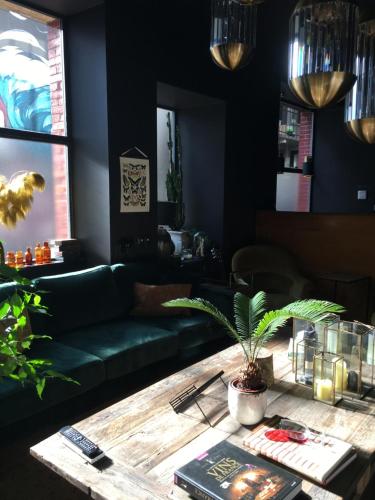 a living room with a green couch and a coffee table at Les Chambres de l'Imprimerie in Beaune