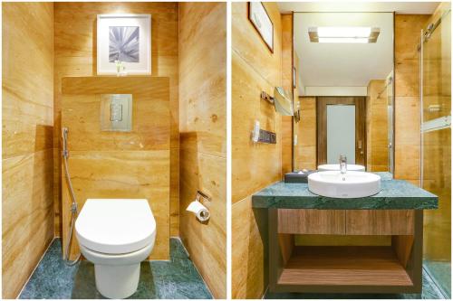 two pictures of a bathroom with a toilet and a sink at Lemon Tree Hotel Viman Nagar Pune in Pune