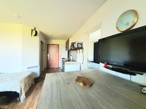 1 dormitorio con TV de pantalla plana grande y 1 cama en Logement entier 30m² - 800m du Futuroscope, en Chasseneuil-du-Poitou