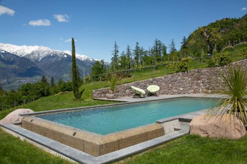 a swimming pool in a field with mountains in the background at Romantik Chalet im Weingut Eichenstein in Merano