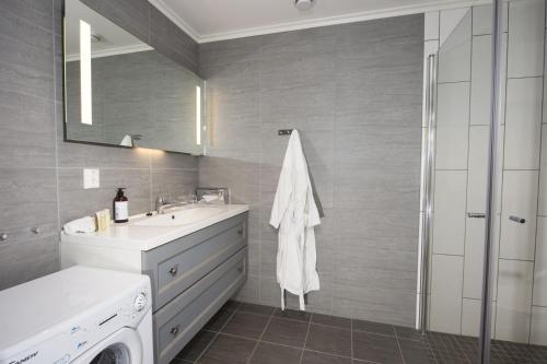 een badkamer met een wastafel en een wasmachine bij Dr. Holms Hotel Leilighet in Geilo