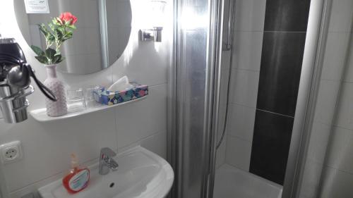 a bathroom with a shower and a toilet and a sink at Hotel Heidpark in Lüneburg