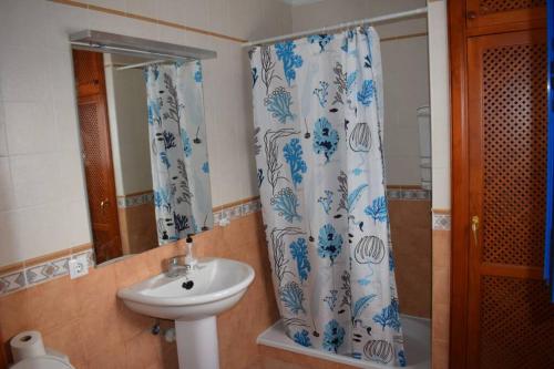 a bathroom with a sink and a shower curtain at Lanzarote Famara Beach in Famara