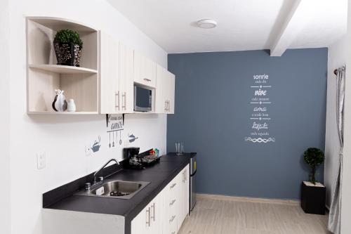 坎昆的住宿－Santa Fe Studios And Suites，厨房设有水槽和蓝色的墙壁