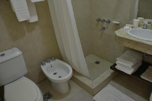 a bathroom with a toilet and a shower and a sink at Apart Hotel Las Hadas Carilo in Carilo