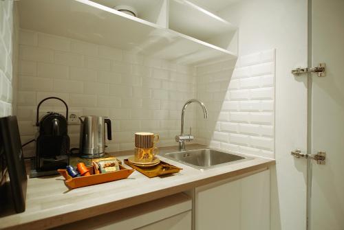 eine Küche mit einer Spüle und einer Arbeitsplatte in der Unterkunft The Mallory in Amsterdam