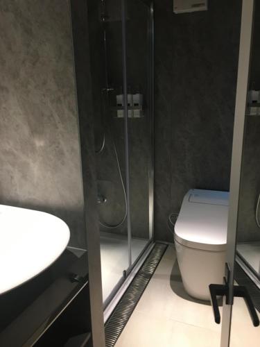 a bathroom with a shower and a toilet and a sink at Hotel 草石庵 in Osaka