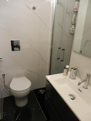 a bathroom with a toilet and a sink and a mirror at Nuvola B&B in Milan
