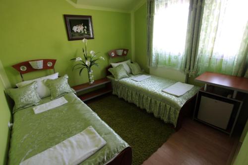 a green room with two beds and a television at Villa Atina in Stara Pazova