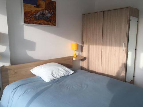 um quarto com uma cama com uma almofada e um armário em T2 hyper centre bord de Loire Parking em Nantes