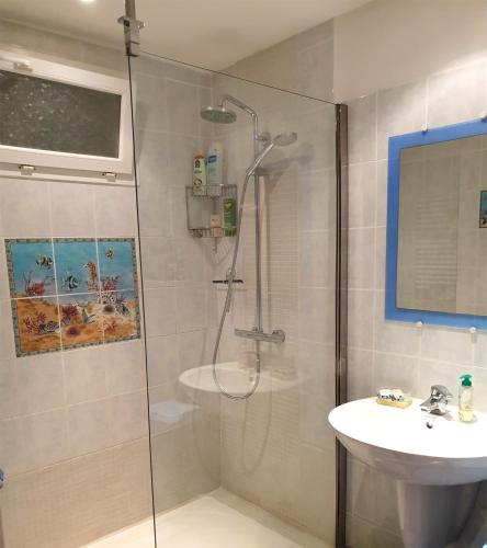 une salle de bain avec douche et lavabo dans l'établissement Villa Athena, à LʼÎle-Rousse