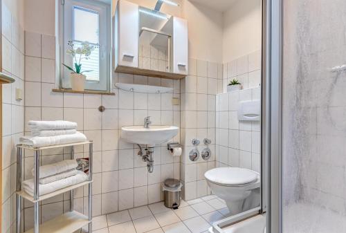 a bathroom with a toilet and a sink at Am Schloonsee Haus D in Heringsdorf