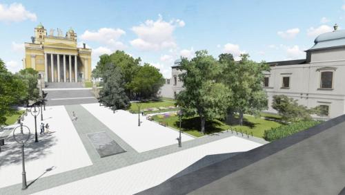 a rendering of a park in front of a building at Borostyán Vendégház Eger in Eger
