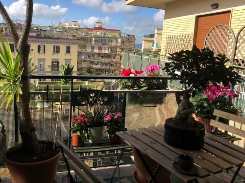 d'un balcon avec des plantes en pot et une table en bois. dans l'établissement B&B Da Vito a San Martino, à Naples