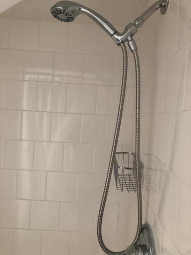 een douche met een douchekop in de badkamer bij 14 Charles St Apartment in Guilford