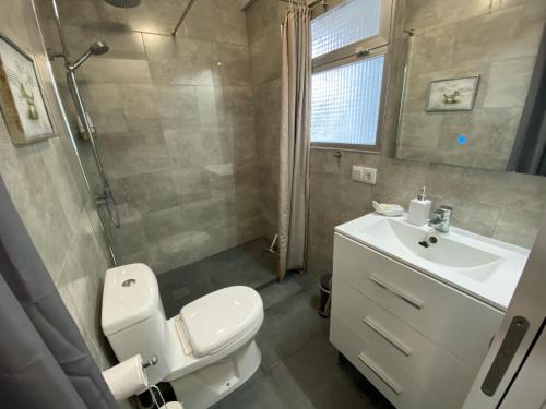 ein Bad mit einem WC, einem Waschbecken und einer Dusche in der Unterkunft Apartment Susanne in Benidorm