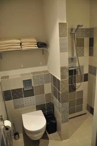 La salle de bains est pourvue d'une douche et de toilettes. dans l'établissement Studio Kilsdonk, à Dinther