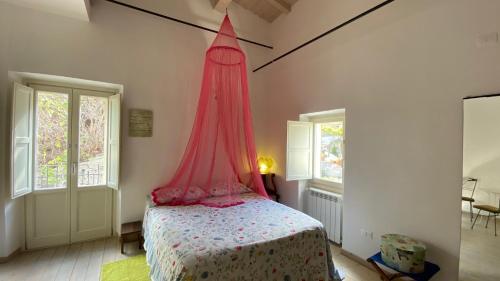 een slaapkamer met een bed met een roze baldakijn bij Casa Fisolare in Capestrano