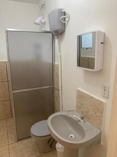 a bathroom with a toilet and a sink and a mirror at Ap beira da Praia das Ondinas in São Lourenço do Sul