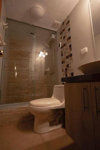 a bathroom with a toilet and a shower and a sink at Family House in Lima