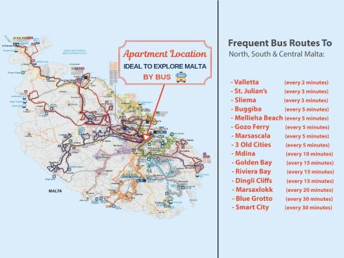 a map of the different bus routes to north scotland and central melbourne at Central Rooms - Near Valletta & Sliema - Best Bus Lines in Hamrun