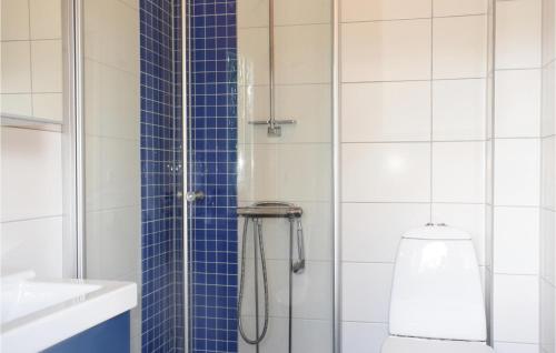 a bathroom with a shower with blue tile at 2 Bedroom Pet Friendly Home In Burseryd in Burseryd