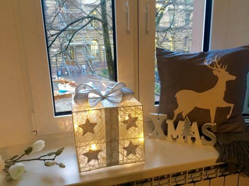 a window sill with a christmas present and a candle at Altbauwohnung im Herzen von Karlsruhe in Karlsruhe