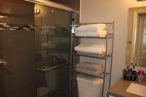 een badkamer met een douche, een toilet en handdoeken bij Coral Springs Paradise in Coral Springs