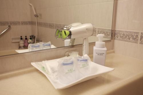 a bathroom sink with a blow dryer and a mirror at New Osaka Hotel Shinsaibashi in Osaka
