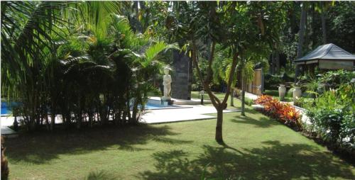 a garden with palm trees and a person in the distance at Dream Estate Resort in Senggigi 