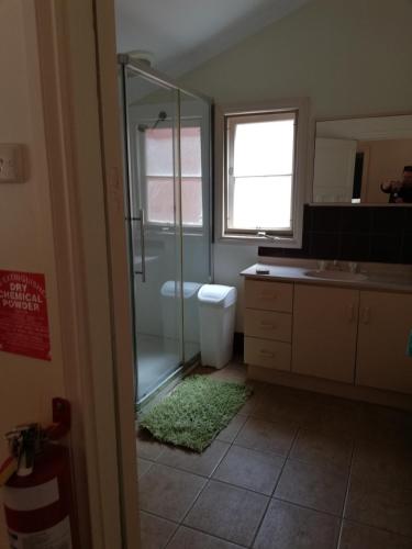 a bathroom with a shower and a toilet and a sink at Woodlands of Balingup Bush Cottages -Flora & Fauna focused in Balingup
