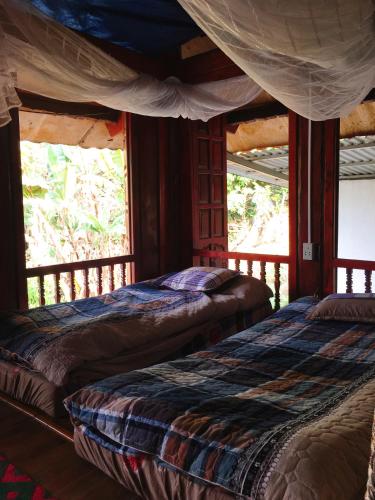 two beds in a room with a window at Shan Tea Homestay in Ha Giang