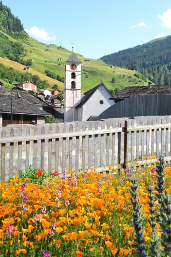 a fence with a field of flowers in front of a church at Hotel Rovanada Wellness & BergNatur in Vals
