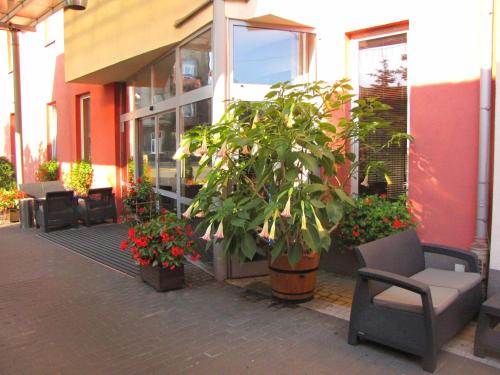 a building with chairs and potted plants in front of it at Aviator Hotel Restauracja & SPA in Pabianice