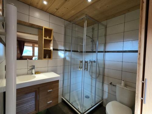 a bathroom with a glass shower and a sink at L'esquirot in Megève
