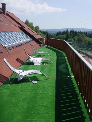 a roof with green grass on top of a building at Pension H in Jáchymov