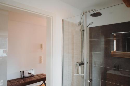a bathroom with a shower with a glass door at "REH"-sidenz Moselschleife in Leiwen