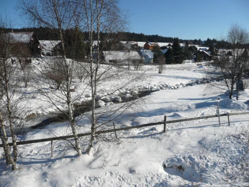 a snow covered field with a fence and trees at Wellness Chata Rosnatka in Kvilda