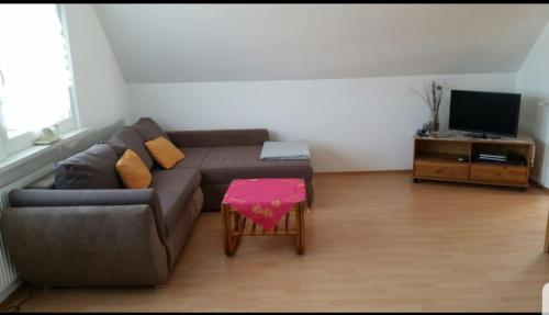 費馬恩的住宿－Ferienwohnung Heuer，带沙发和电视的客厅