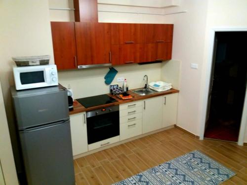 a small kitchen with a refrigerator and a microwave at Olga Apartman in Szeged