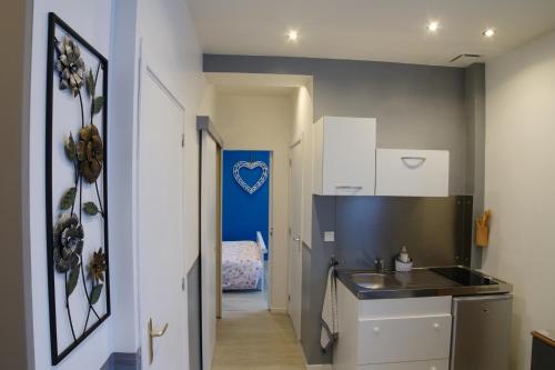 een kleine keuken met een wastafel en een koelkast bij Appartement spa gingko, N1 Valenciennes, Wifi, Netflix in Aulnoy