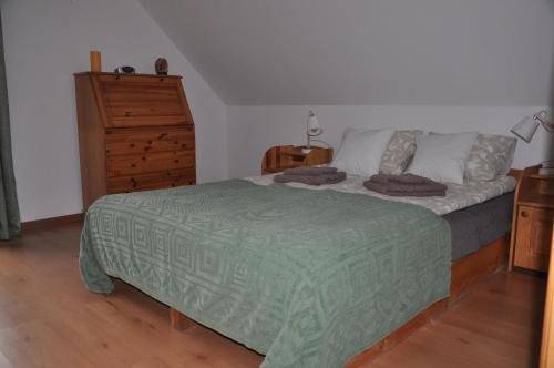 a bedroom with a bed with a green comforter at WISŁA-DOM PRZY RZECE in Wisła