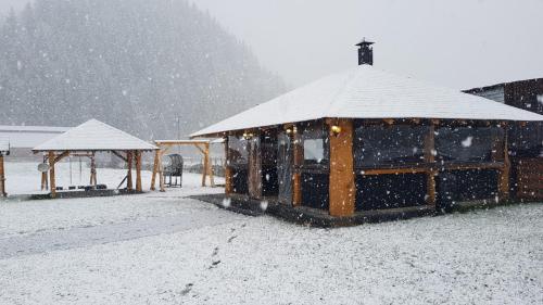 a gazebo covered in snow in a yard at Casa Obcina Bucovinei in Fundu Moldovei